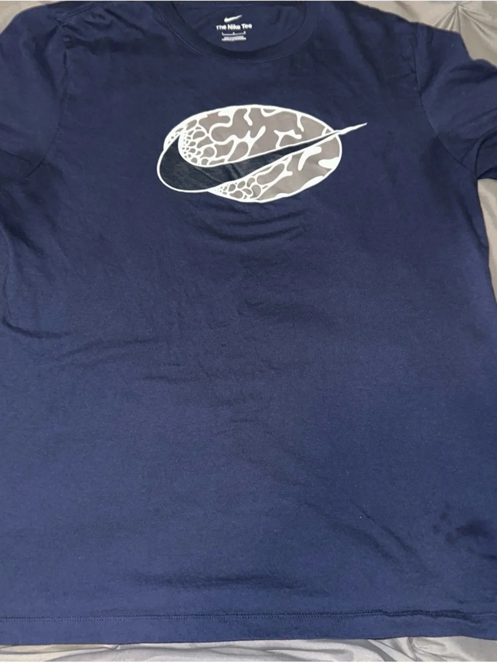 Nike Navy Blue Short Sleeve Tee with White and Gray Camo Swoosh